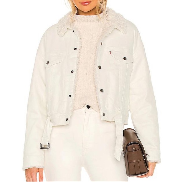 Levi’s Premium Cozy Cocoon Sherpa Trucker Belted Denim Jacket in Cuddly Tofu NWT